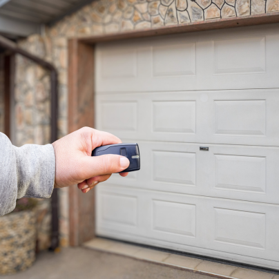 Trenton security key fob pointing to a garage door