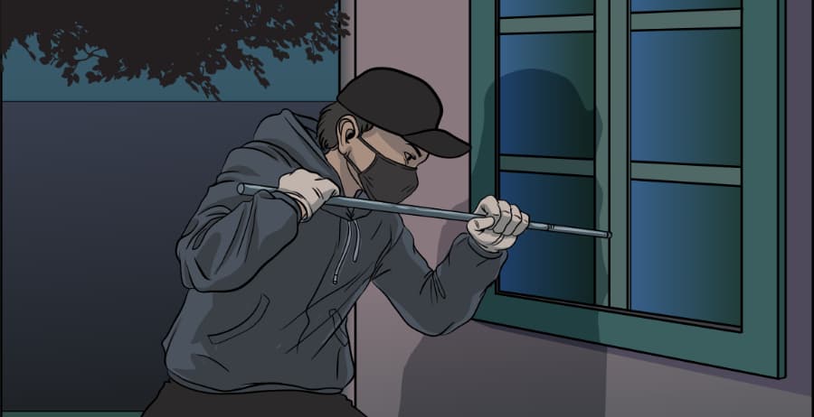 Illustration of burglar forcing entry through a window in Trenton